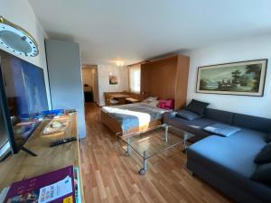 - un salon avec un canapé et un lit dans l'établissement Richmond Davos - Suite 207, à Davos