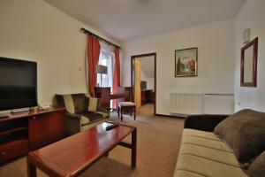 a living room with a couch and a tv at Guesthouse Babin Zub in Crni Vrh