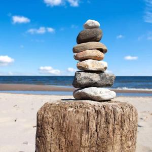 Una pila de rocas colocada encima de un tocón de árbol en la playa. en Ferienwohnung Emmely, en Binz