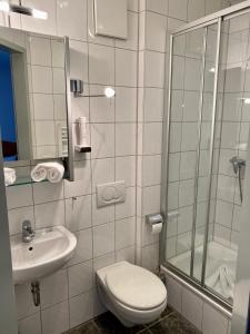 uma casa de banho com um WC, um lavatório e um chuveiro em Hotel Waitzingers em Landsberg am Lech