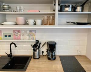 a kitchen counter with a sink and utensils at Duo 1 Debniki Apartment in Krakow