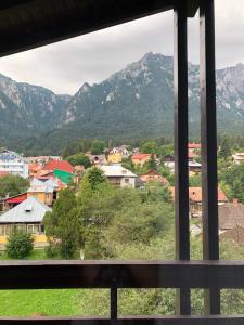 ein Blick aus einem Fenster auf eine Stadt mit Bergen in der Unterkunft Elena-Maria Apartments in Buşteni
