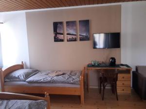 um quarto com uma cama, uma secretária e uma mesa em Penzion Na Střelnici em Poděbrady