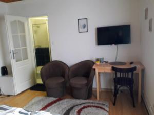 波傑布拉迪的住宿－娜斯特拉尼奇旅館，客厅配有两把椅子、一张桌子和电视