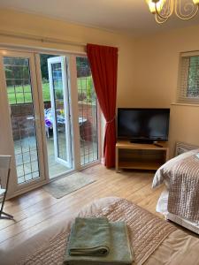 a bedroom with a bed and a tv and sliding glass doors at The Garden Room in Ipswich