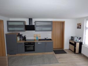 a kitchen with gray cabinets and a stove top oven at Uckermark "Ferienwohnung Sommerfugl " in Passow