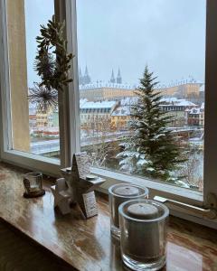 ein Fenster mit Blick auf eine verschneite Stadt in der Unterkunft Ferienwohnung Dom- u. Regnitzblick in Bamberg