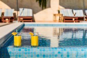 dos vasos de zumo de naranja sentados en el borde de una piscina en Luxury Apartments Tafra, en Lokva Rogoznica