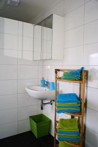 een badkamer met een wastafel en een plank met handdoeken bij Bed and Breakfast de Meule Montfort in Montfort