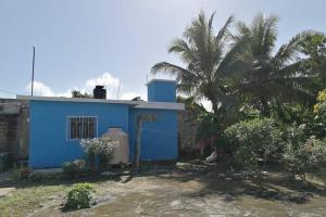 una casa blu con una palma di fronte di Maruchita's room a Bacalar