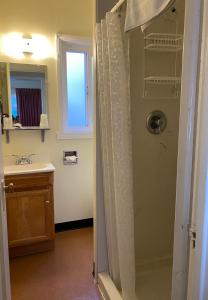 a bathroom with a shower and a sink at Monte Bianco Inn in Mount Shasta +26 photos