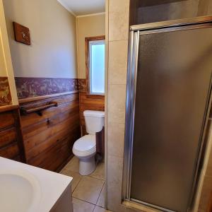 y baño con aseo y ducha. en Grey Squirrel Resort, en Big Bear Lake