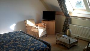 Schlafzimmer mit einem Bett, einem TV und einem Stuhl in der Unterkunft De Kruumte in Giethoorn