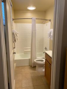 a bathroom with a tub and a toilet and a sink at Pocono Villas Resort in East Stroudsburg