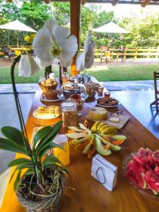 uma mesa com comida e fruta sobre ela com uma flor em POUSADA JURERE DA CANASTRA em Vargem Bonita