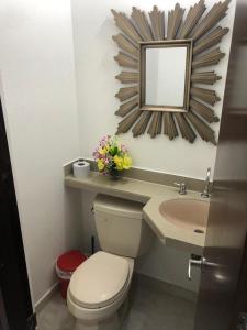 a bathroom with a toilet and a sink and a mirror at Hermosa casa campestre CASARENA "un oasis en el llano" in Villavicencio