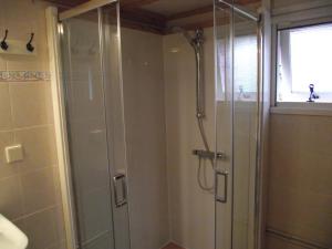 a shower with a glass door in a bathroom at Vakantiehuisjes Landgoed Sonneborghe in Kollumerzwaag +49 photos