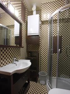 La salle de bains est pourvue d'un lavabo et d'une douche. dans l'établissement Decameron Apartments, à Cracovie