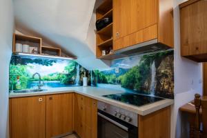 a kitchen with a waterfall mural on the wall at Sunny apartment in Moravske-Toplice