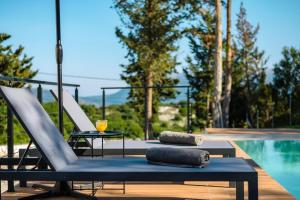 a table and a chair next to a swimming pool at Swedish-Style Villa Salz in Fiskardho