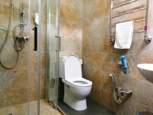 a bathroom with a toilet and a shower and a sink at Yamskoy Hotel in Domodedovo