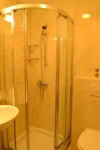 y baño con ducha y puerta de cristal. en Vila Park B&B - Adults Only, en Bohinj