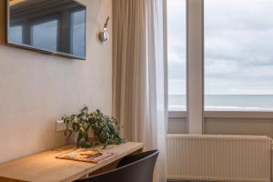 une table à manger avec une plante et une fenêtre dans l'établissement de Baak Seaside, à Noordwijk aan Zee