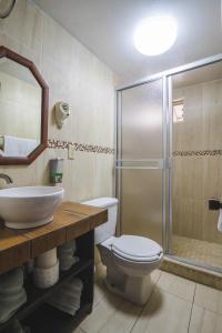 a bathroom with a toilet a sink and a shower at Posada del MAR in Ensenada