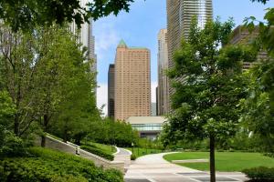 a park in a city with tall buildings at Fairmont Chicago Millennium Park in Chicago