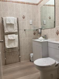 uma casa de banho com um WC, um lavatório e um espelho. em Stow Lodge Hotel em Stow on the Wold