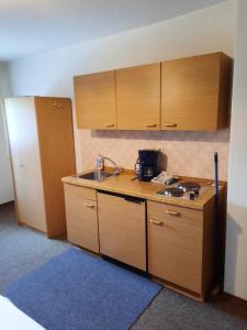 a small kitchen with wooden cabinets and a sink at Haus Betz in Garmisch-Partenkirchen