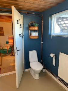 bagno con servizi igienici e parete blu di Mysigt rum med privatbadrum a Västra Fors Altre 19 foto