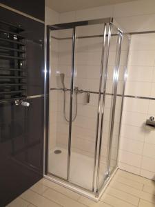 a shower with a glass door in a bathroom at Apartament Czarna Góra NATALIA in Stronie Śląskie