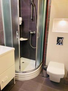 uma casa de banho com um chuveiro e um WC. em Hotel Willa Złota em Karwia