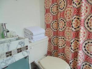 een badkamer met een toilet en een douchegordijn bij Coyotito Beds Coyoacan, suites a tu alcance!!! in Mexico-Stad