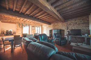 a living room with couches and chairs and a fireplace at Le Noyer in Rougnat