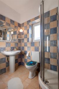 a bathroom with a toilet and a sink and a shower at Stone Villa Kontiani - Red Villa in Dhragoulás