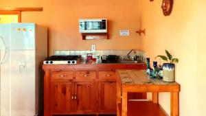 a kitchen with a sink and a stove and a refrigerator at Cabaña en medio del bosque ZA in Acaxochitlán +29 photos