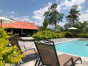 拉特瓦伊達的住宿－Finca Hotel Brasilia，一个带两把椅子的庭院和一个游泳池