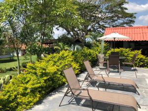 un patio con sillas y una mesa con sombrilla en Finca Hotel Brasilia, en La Tebaida