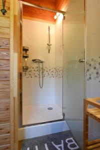 a shower with a glass door in a bathroom at SPYCHOWSKA CHATA in Spychowo