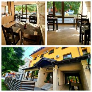 two pictures of a restaurant with a table and chairs at Hotel Crisana Arad in Arad