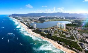 江陵市Hi Ocean Gyeongpo的海滩和海洋的鸟瞰图