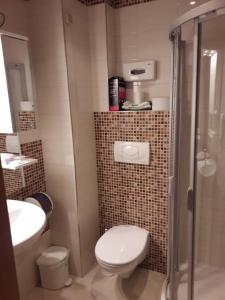 a bathroom with a toilet and a sink and a shower at Apartment 216 NiM unutar kompleksa Aparthotel Vučko in Jahorina +8 photos