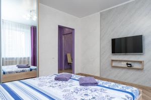 1 dormitorio con 1 cama con espejo y TV en Apartment on Chistopolskaya 66 en Kazán