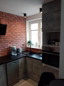 kuchnia ze sprzętem ze stali nierdzewnej i ceglaną ścianą w obiekcie Apartament Port w Ostródzie