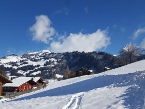 a snow covered slope with houses and a mountain at Apartment Burkhalter by Interhome in Zweisimmen