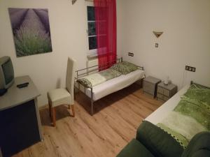a room with two beds and a desk and a tv at Gästehaus 22 - Appartementhaus in Baden-Baden