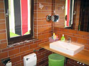 a bathroom with a sink and a mirror at Ferienhaus Alicia in Hilders +13 photos