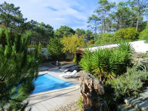 a swimming pool in a garden with trees at 2 bedrooms villa at Pataias 700 m away from the beach with sea view private pool and enclosed garden in Pataias
